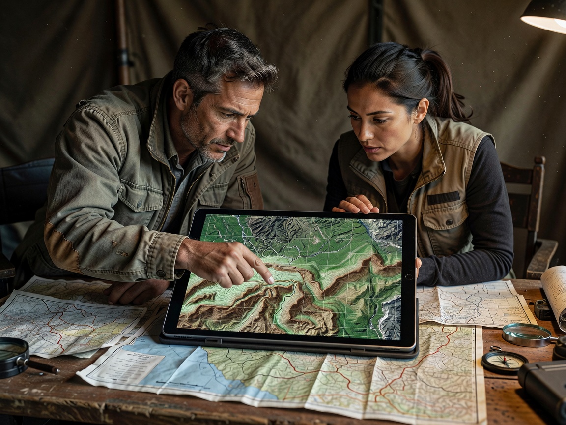 Directors reviewing topographic road maps and elevation satellite routes on a tablet