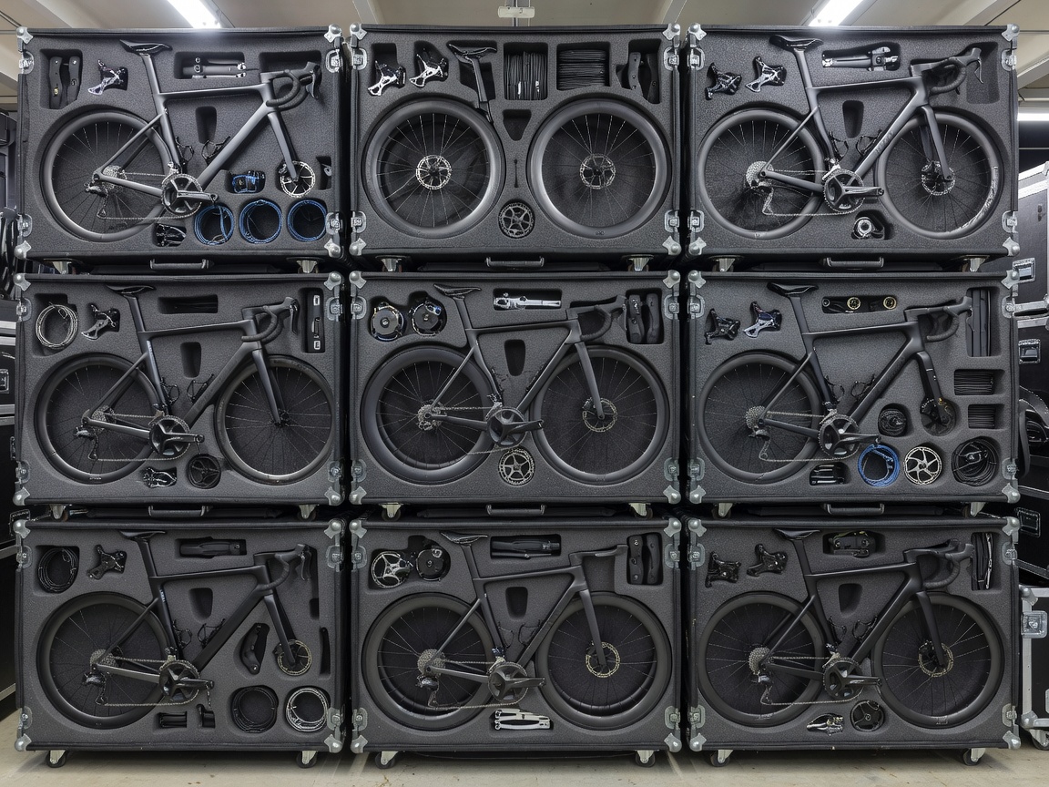 Heavy duty foam-lined modular flight cases packed with spare cycling parts and wheelsets