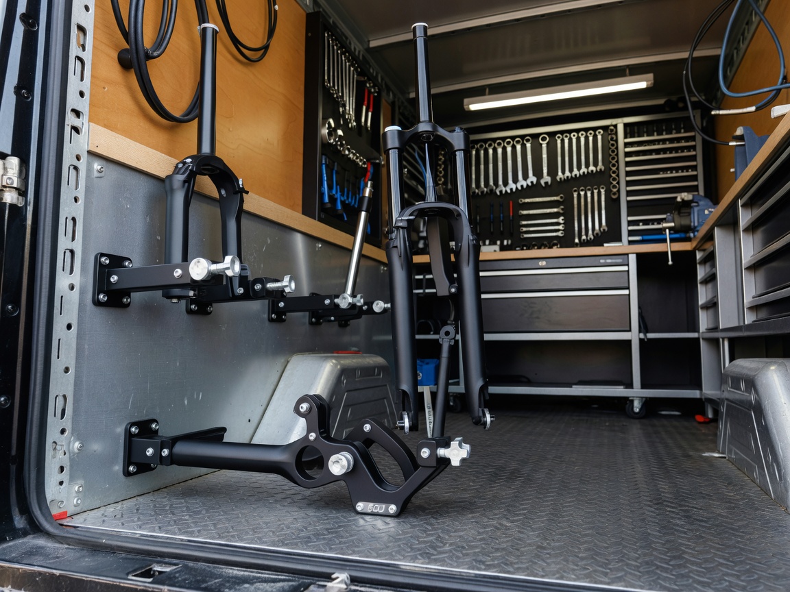 Interior view of a customized mechanics truck with precision quick-release fork mounts