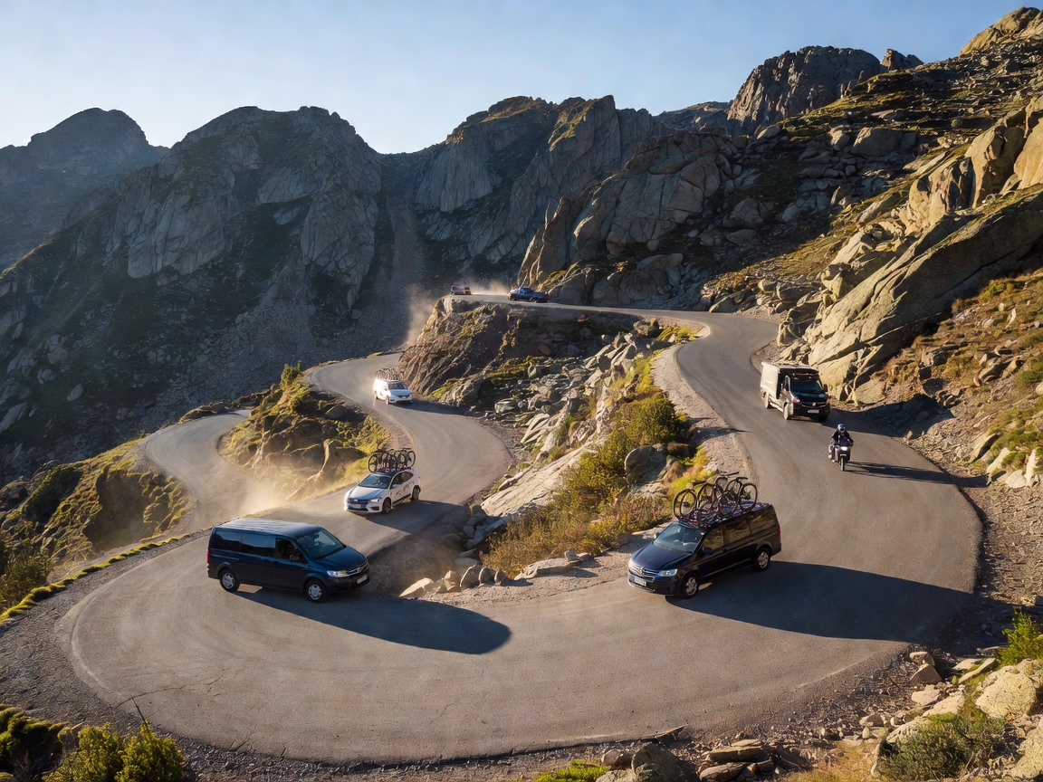 Mountain switchback road navigated by professional cycling support vehicles