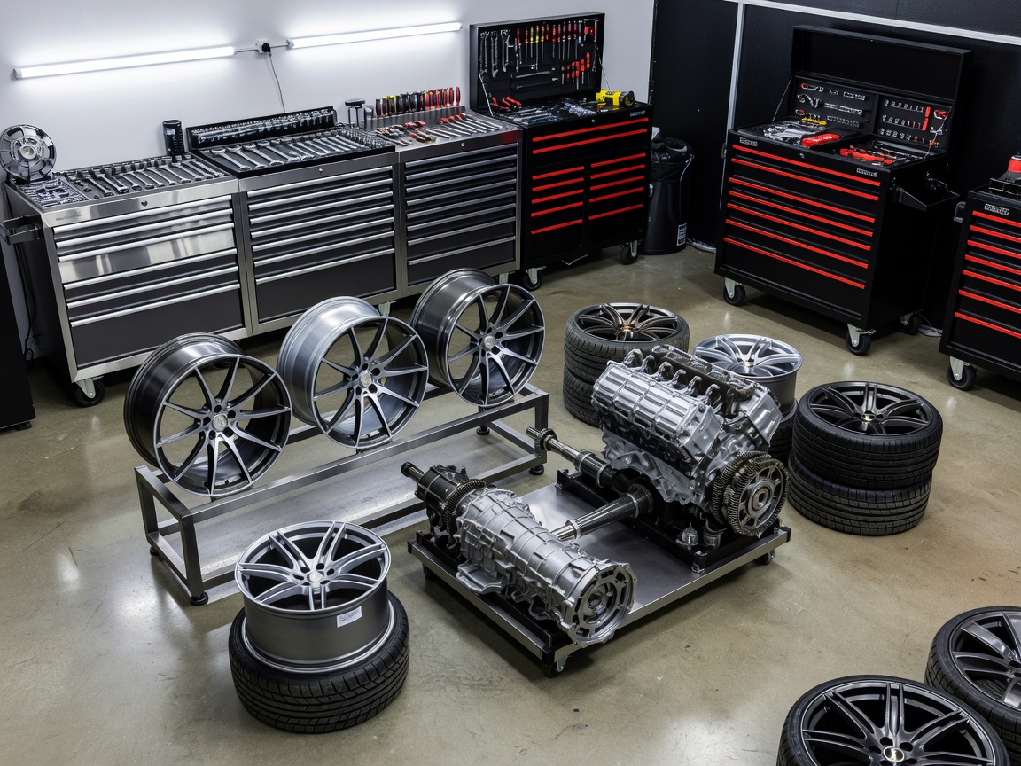 Organized mechanic bay displaying high-end wheels, drivetrains and toolboxes