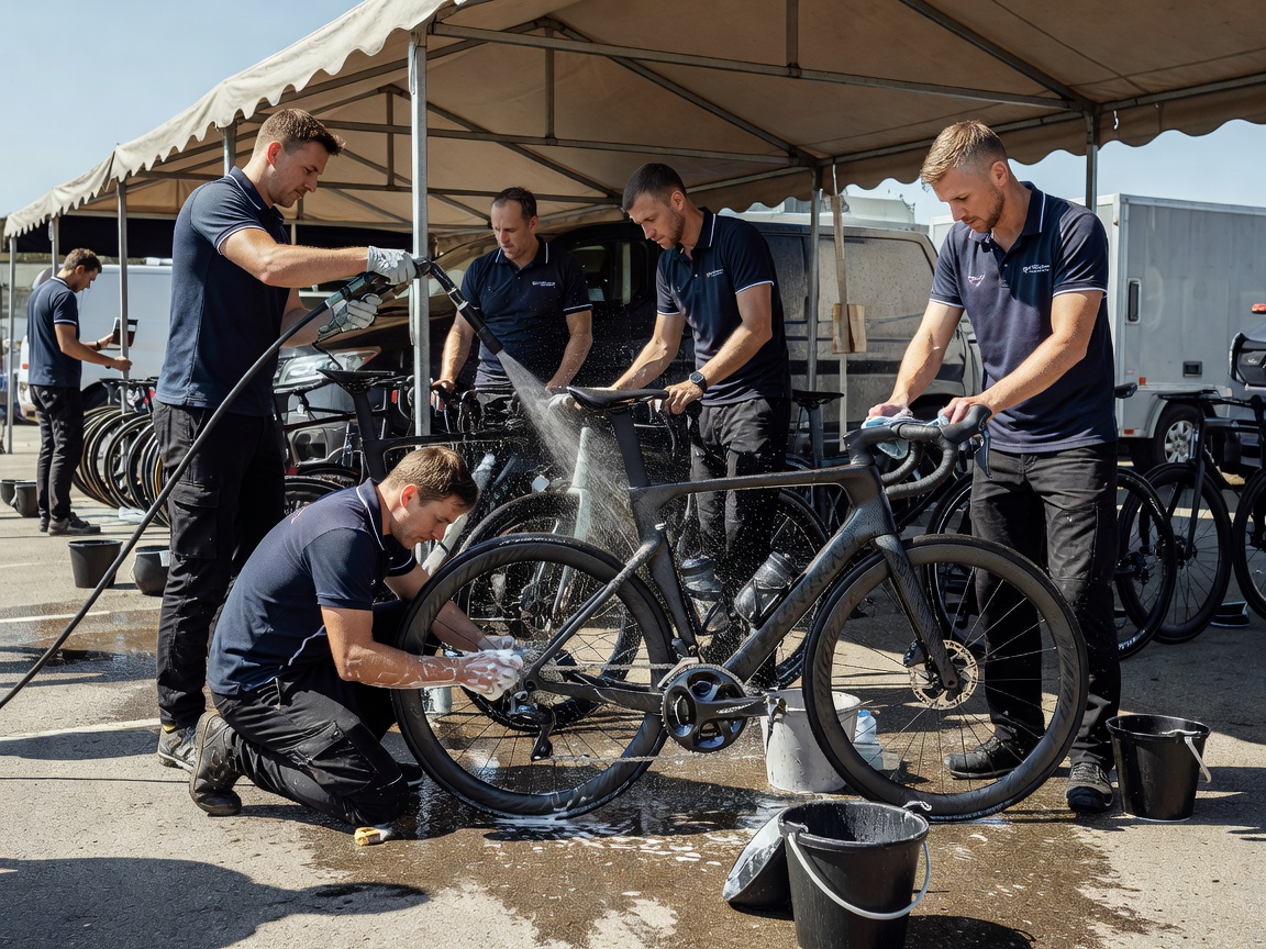 Professional cycling team paddock setup with mechanics washing race bikes under awning