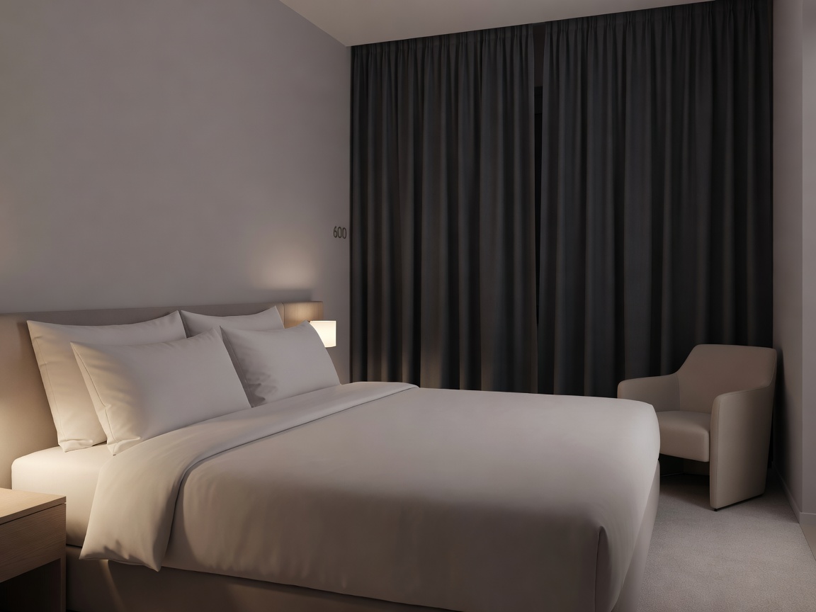 Quiet European hotel room prepped with blackout curtains and clean ergonomic bedding