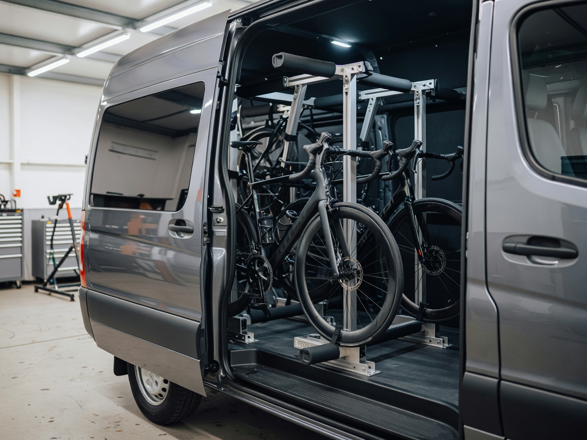 Specialized cycling transport van with custom interior racking systems