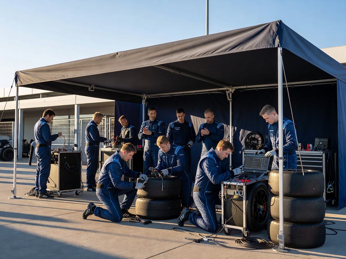 Team awning extended in race paddock with mechanics calibrating tires and electronics