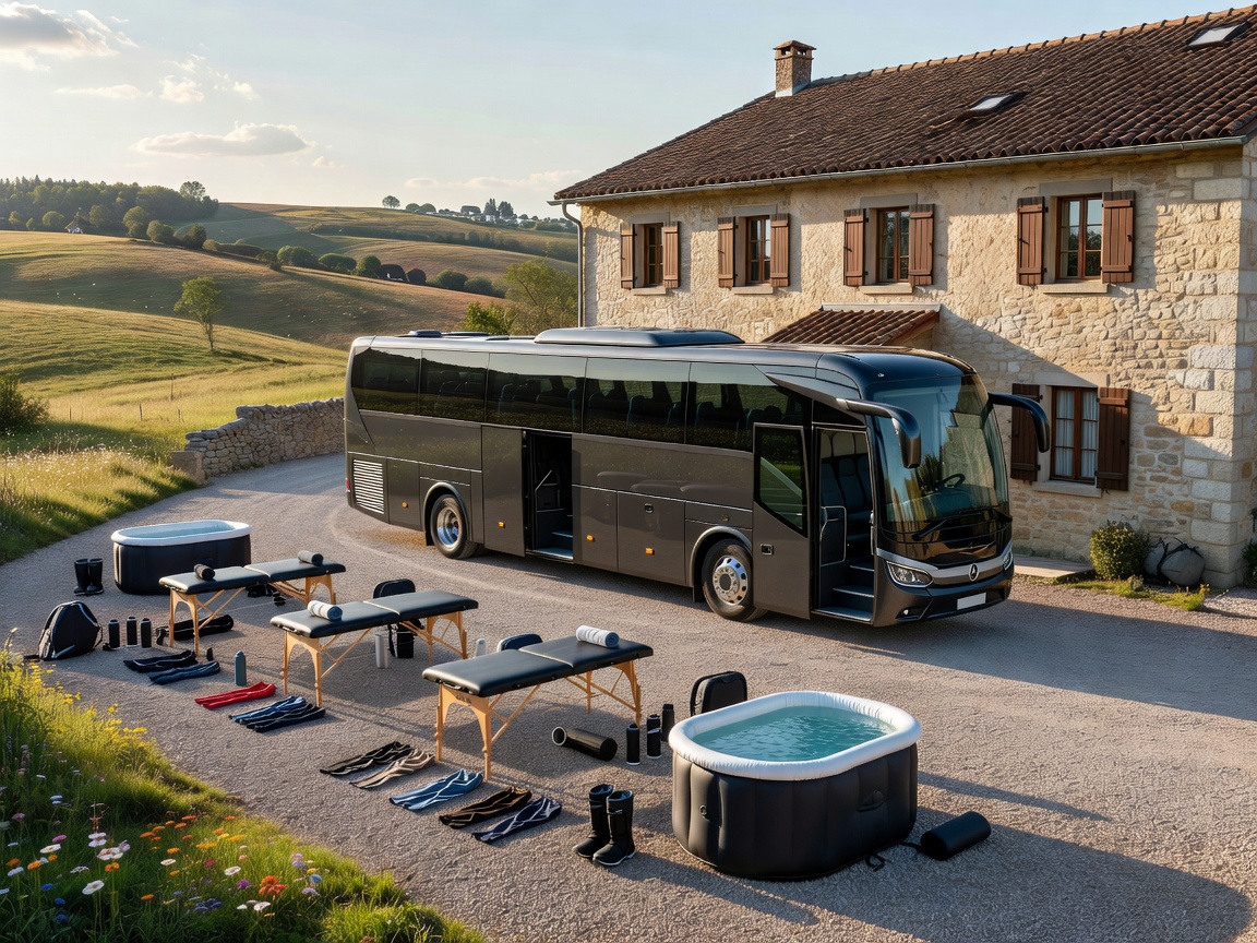 Team bus parked beside quiet European countryside hotel setup for athletic recovery